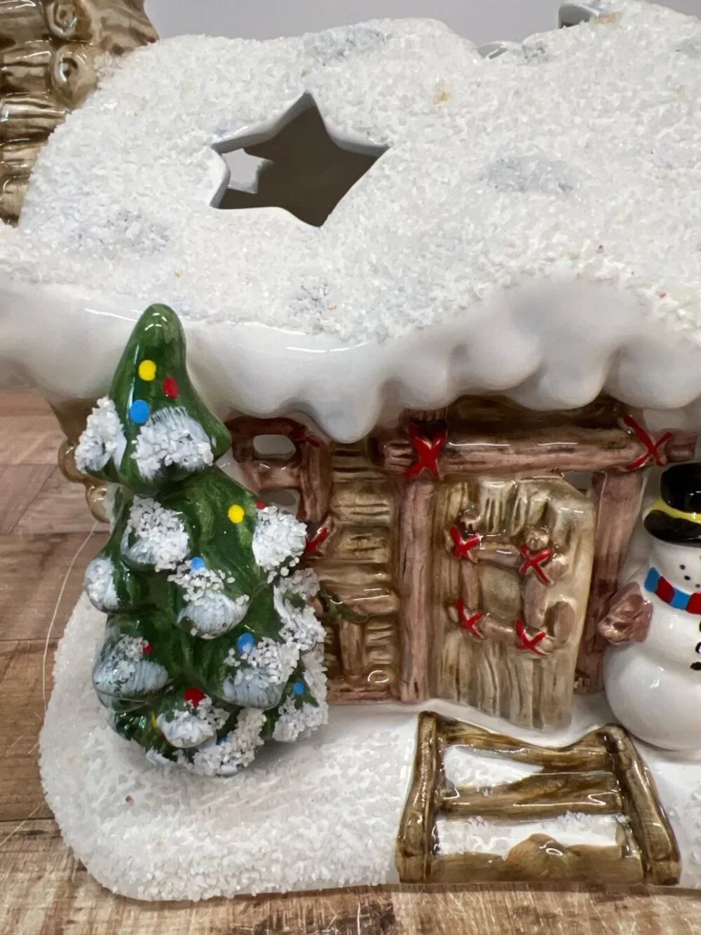 Vintage Hand Painted Christmas Ceramic Candle House For Tea Lights Snowy Lodge